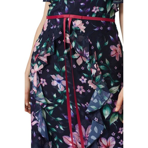 Marchesa Notte Blue Floral Chiffon Midi Gown Size 12 Flutter Sleeve Formal - Picture 6 of 15